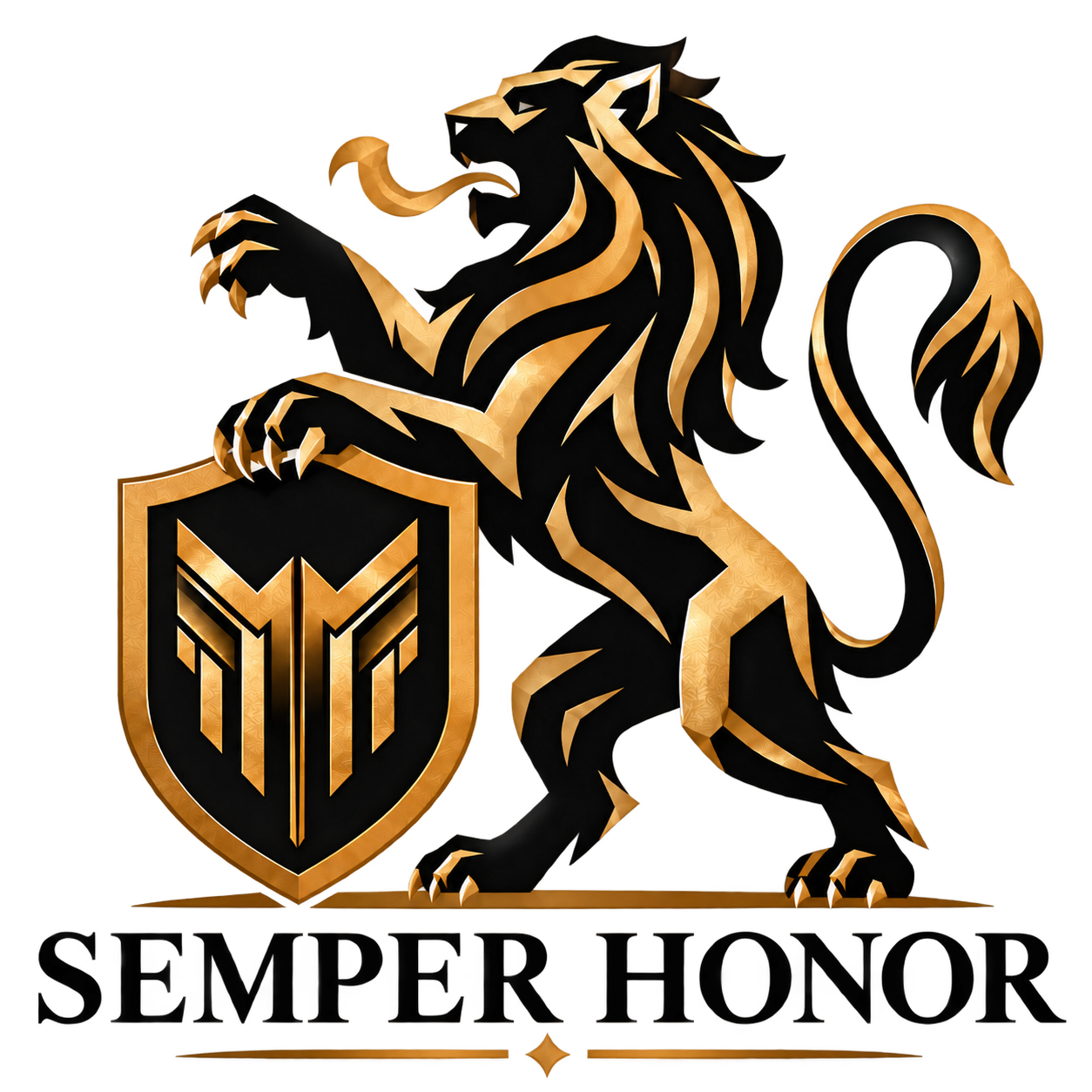 Emblema de Semper Honor: león heráldico dorado con escudo.